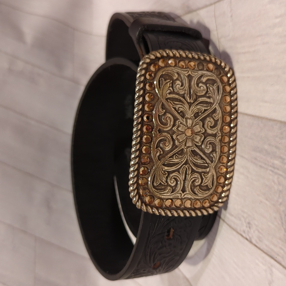 Justin Boots Black Engraved Leather Belt with Jeweled Buckle